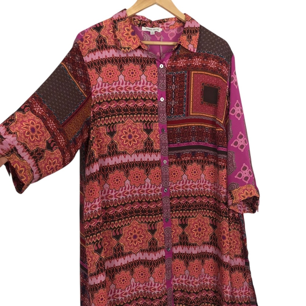 Rose + Olive Tunic Top Size 1X Button Up Floral Paisley‎ Print Shirt Boho Artsy - Picture 4 of 8